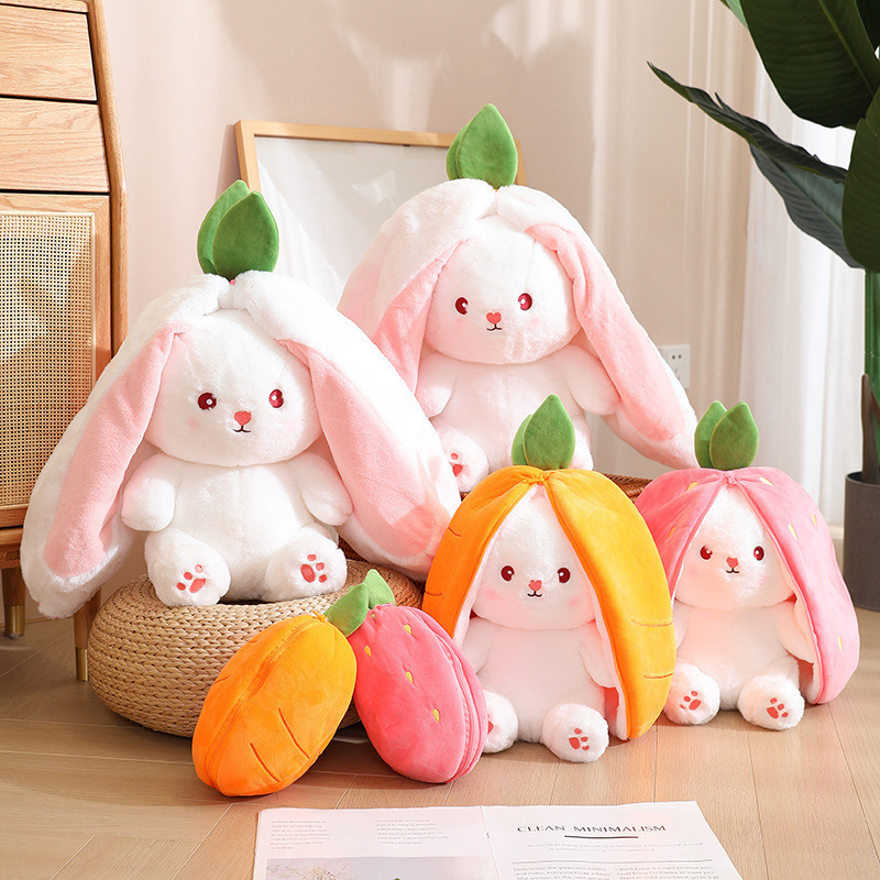 Ruunjoy new creative strawberry transformed into rabbit plush doll soft zipper open carrot stuffed animal eater bunny plush toys