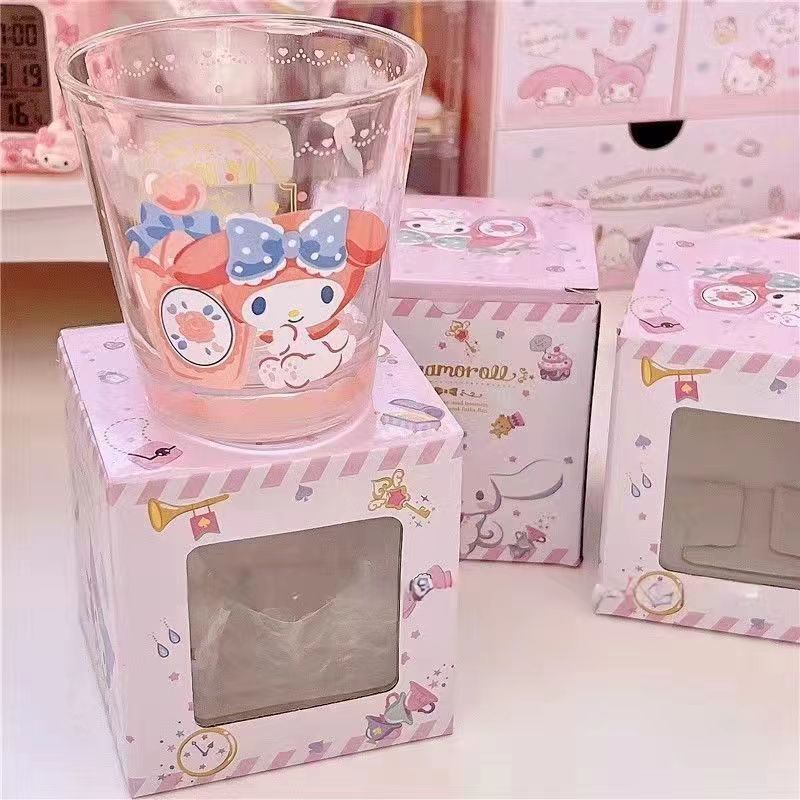 Sanrioed Anime Cartoon Cinnamoroll Kt Cat Kuromi My Melody Purin Dog Glass Water Cup Girl Cute Heat Resistant Breakfast Cup Gift