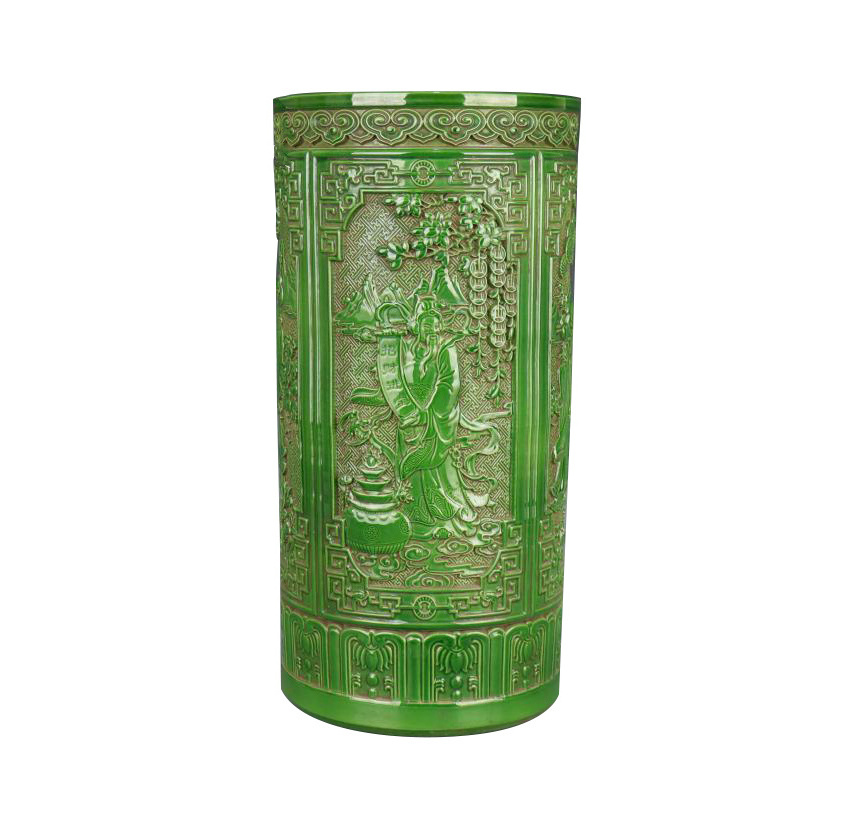 Chinese Traditional Green Glaze Carving Figure Ceramic Ceramic Indoor and Outdoor Umbrella Holder Green carved pattern vase