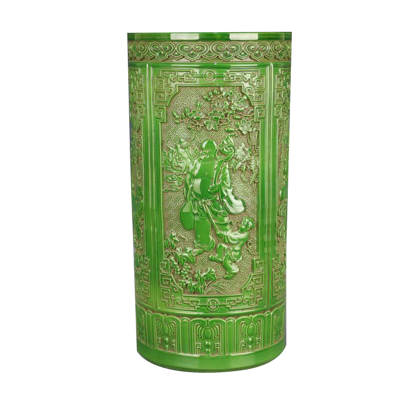 Chinese Traditional Green Glaze Carving Figure Ceramic Ceramic Indoor and Outdoor Umbrella Holder Green carved pattern vase