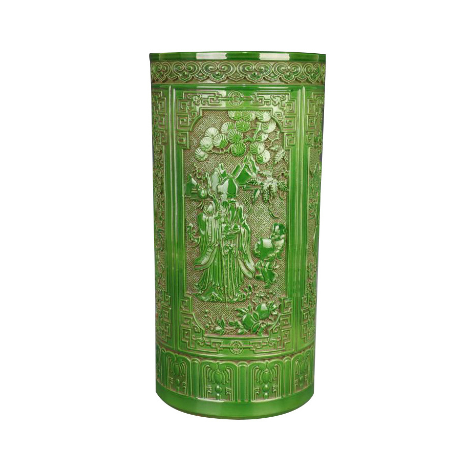 Chinese Traditional Green Glaze Carving Figure Ceramic Ceramic Indoor and Outdoor Umbrella Holder Green carved pattern vase