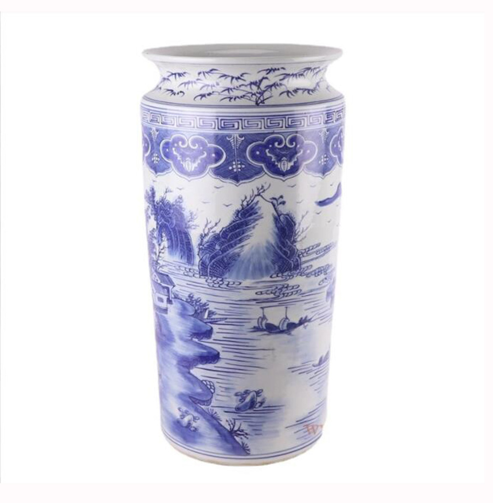 Jingdezhen Ceramic Antique Hand-painted Blue and White Landscape Umbrella Stand Living Room Scroll Holder