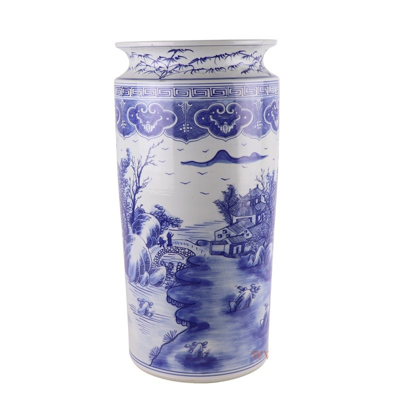 Jingdezhen Ceramic Antique Hand-painted Blue and White Landscape Umbrella Stand Living Room Scroll Holder