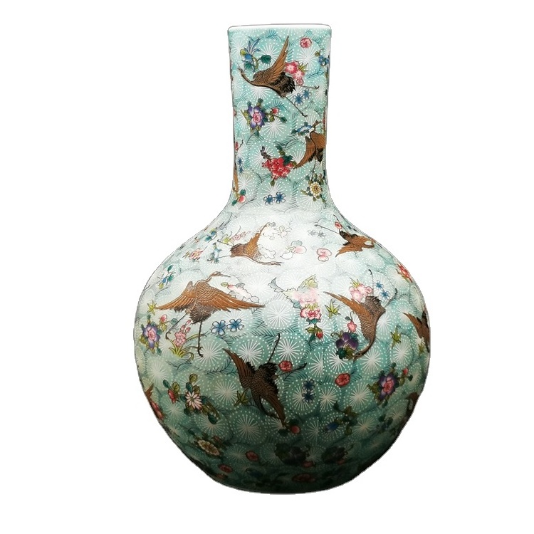 Qing Kangxi Green Pastel Cranes Pattern Vase Antique Porcelain Celestial Bottle home decors ceramics vases china decor