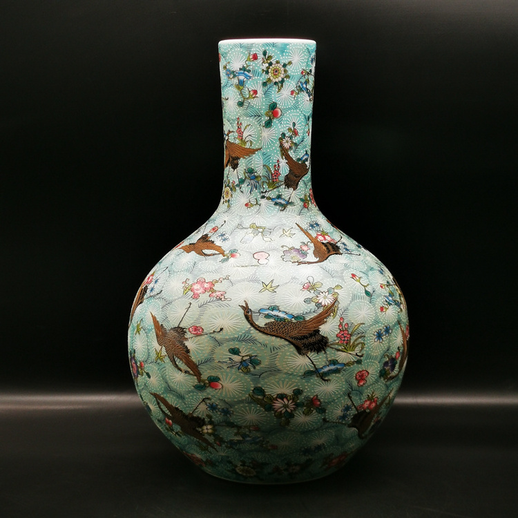 Qing Kangxi Green Pastel Cranes Pattern Vase Antique Porcelain Celestial Bottle home decors ceramics vases china decor