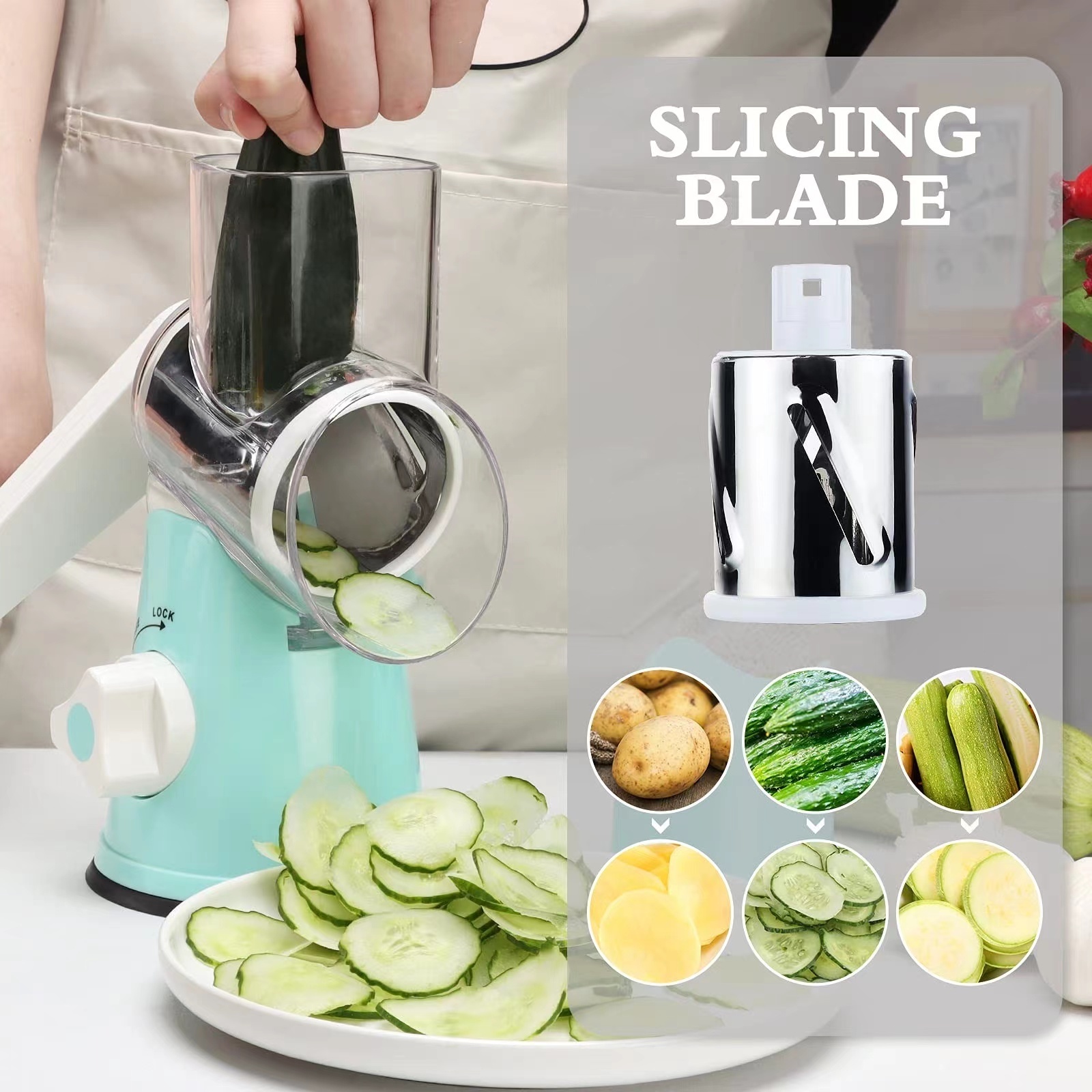 Newest custom safe food grinder kitchen 3 in 1 manual drum rotary cheese grater round mandoline vegetable cutter/slicer/chopper