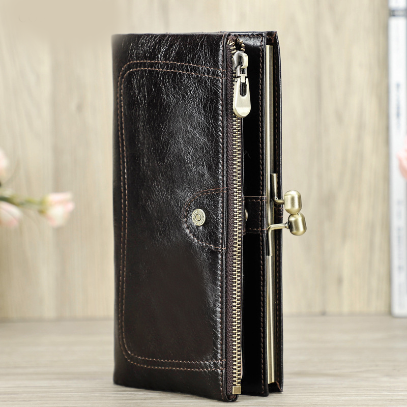 RU Women's Genuine Leather RFID Clutch Wallet Metal Frame Mobile Phone Wallet For Women Ladies Card Phone Wallet Coin Purse