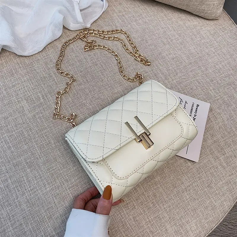 RU 2023 New Small Square Diamond Lattice Bag Pu Solid Zipper Fashion Single Shoulder Messenger Bag With Chain Ladies Handbag