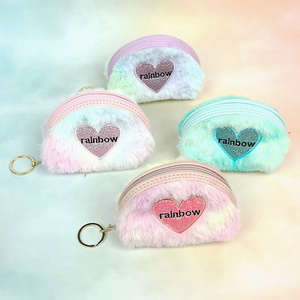 RU Embroidered Heart Shape Velvet Coin Purses Girls Lipstick Storage Bag Tie Dye Rainbow Card Key Chain Bags Mini Plush Wallets