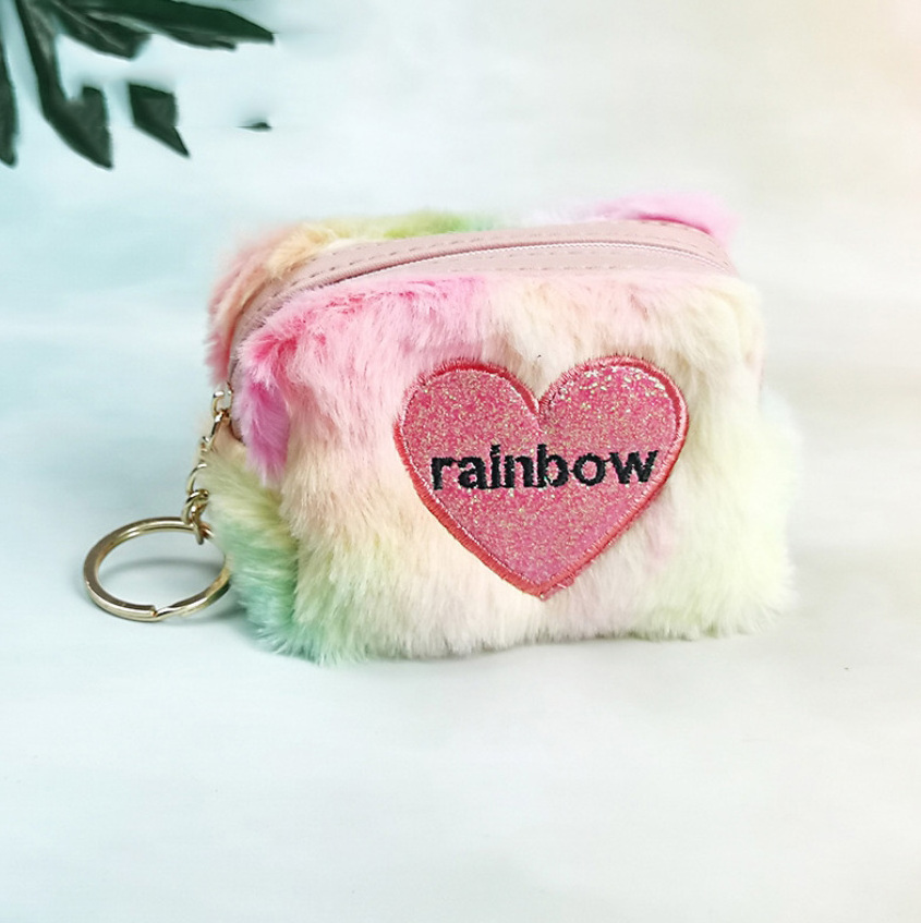 RU Embroidered Heart Shape Velvet Coin Purses Girls Lipstick Storage Bag Tie Dye Rainbow Card Key Chain Bags Mini Plush Wallets