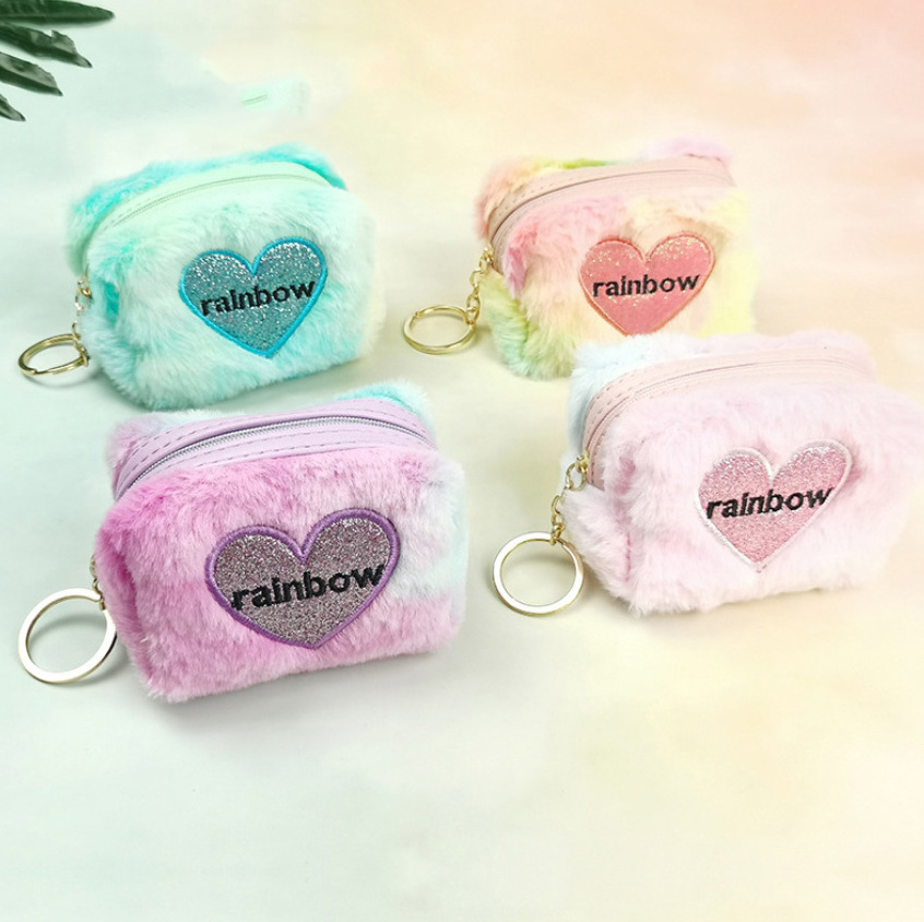 RU Embroidered Heart Shape Velvet Coin Purses Girls Lipstick Storage Bag Tie Dye Rainbow Card Key Chain Bags Mini Plush Wallets