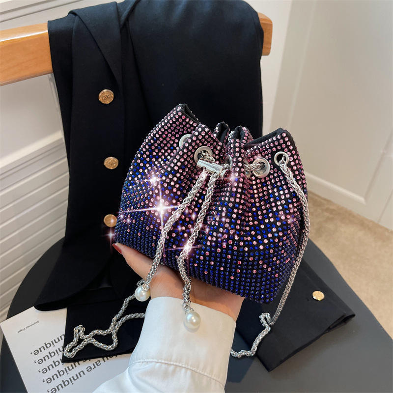 RU Handbag Designer Women's Full Rhinestone Bucket Bag Ladies Shinny Crystal Clutch Drawstring Crossbody Evening Bags for Party