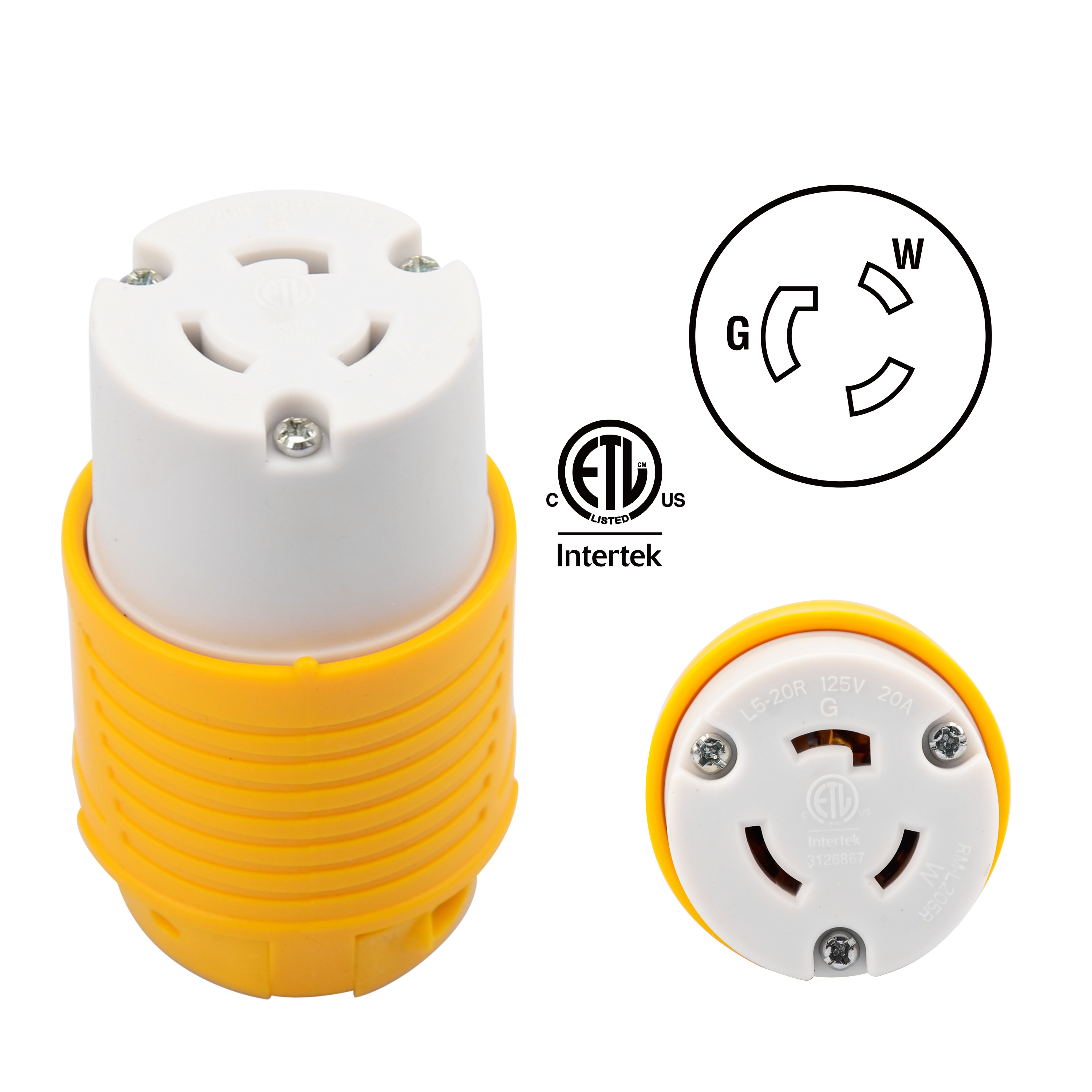 Electrical Supplies 20 Amp 125 Volt NEMA L5-20 Twist Lock Male Plug Connector 2 Pole 3 Wire Grounding Generator Adapter Plug