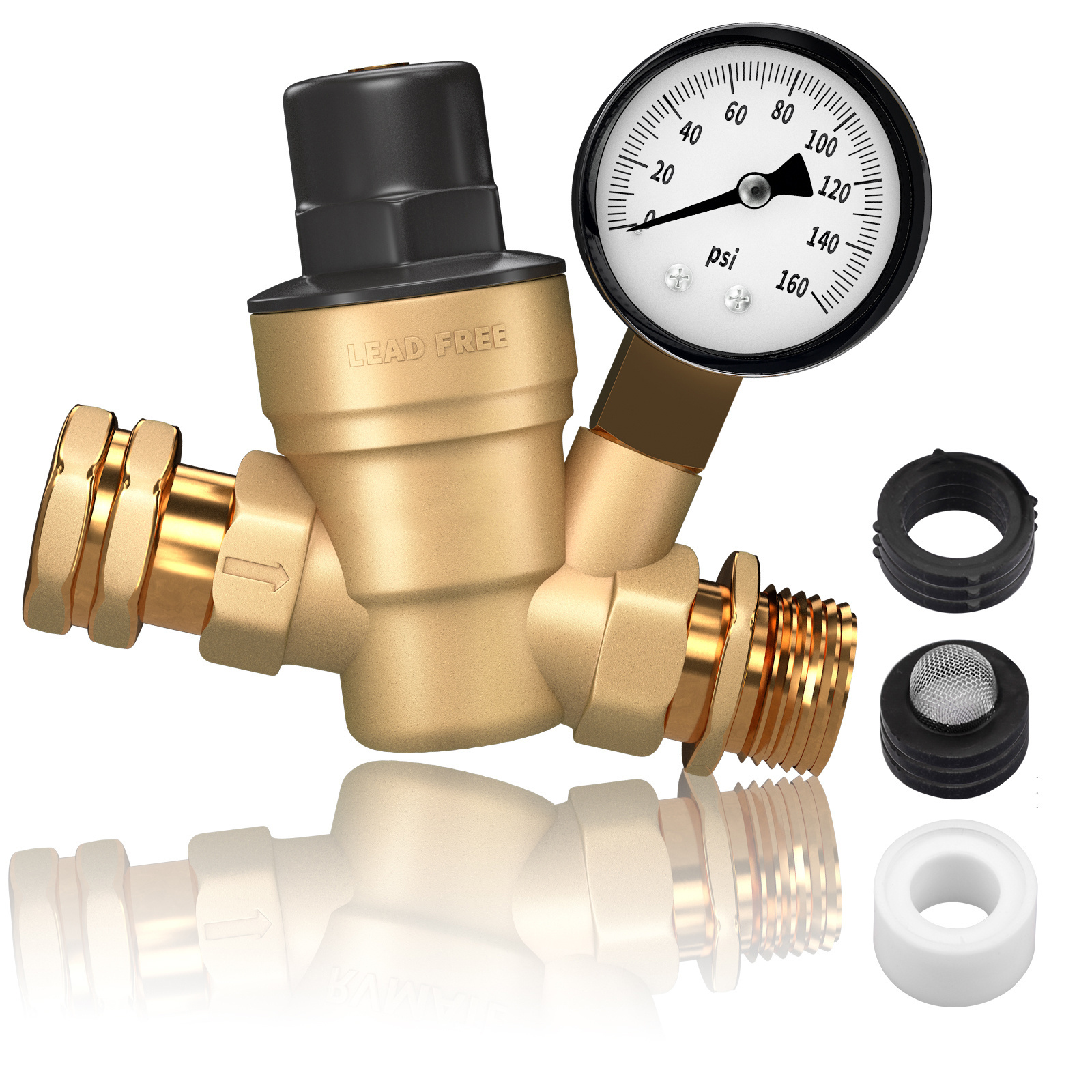 RV Water Pressure Regulator, Brass Lead-Free Water Pressure Reducer Kit, Adjustable Valve with Inlet Screen Filter