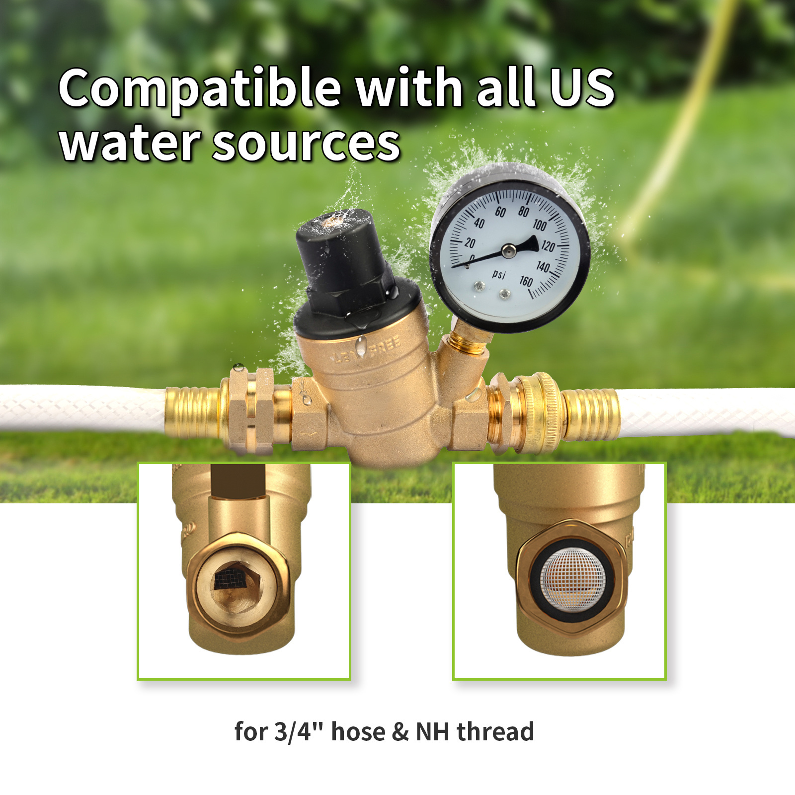 RV Water Pressure Regulator, Brass Lead-Free Water Pressure Reducer Kit, Adjustable Valve with Inlet Screen Filter