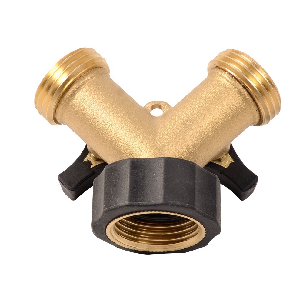 490 3/4 inch 2 Way Hose Tap Connector Two Way Garden Water Hose Y Splitter Brass Manifold with Ball Valve