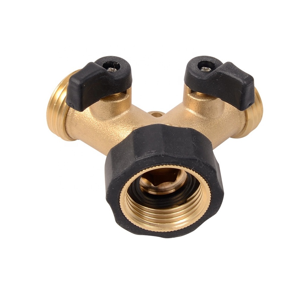 490 3/4 inch 2 Way Hose Tap Connector Two Way Garden Water Hose Y Splitter Brass Manifold with Ball Valve