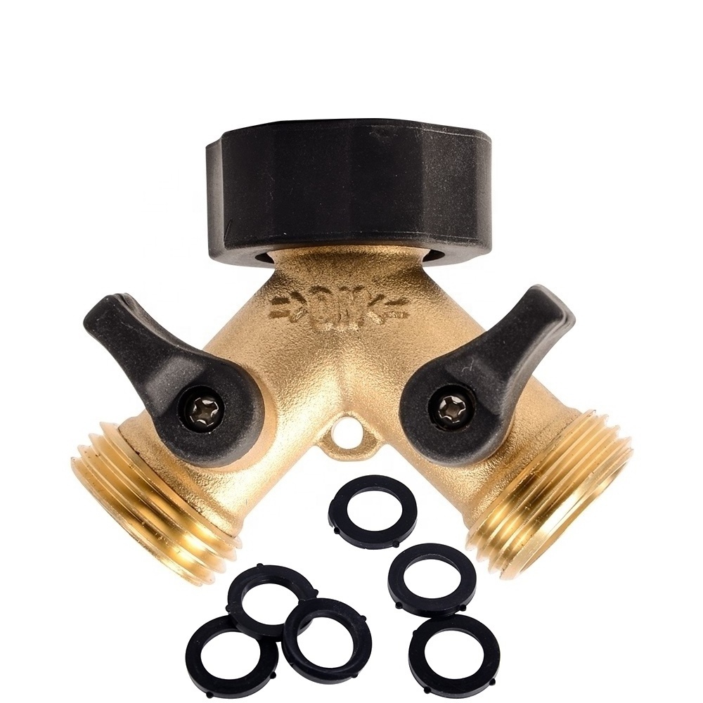 490 3/4 inch 2 Way Hose Tap Connector Two Way Garden Water Hose Y Splitter Brass Manifold with Ball Valve