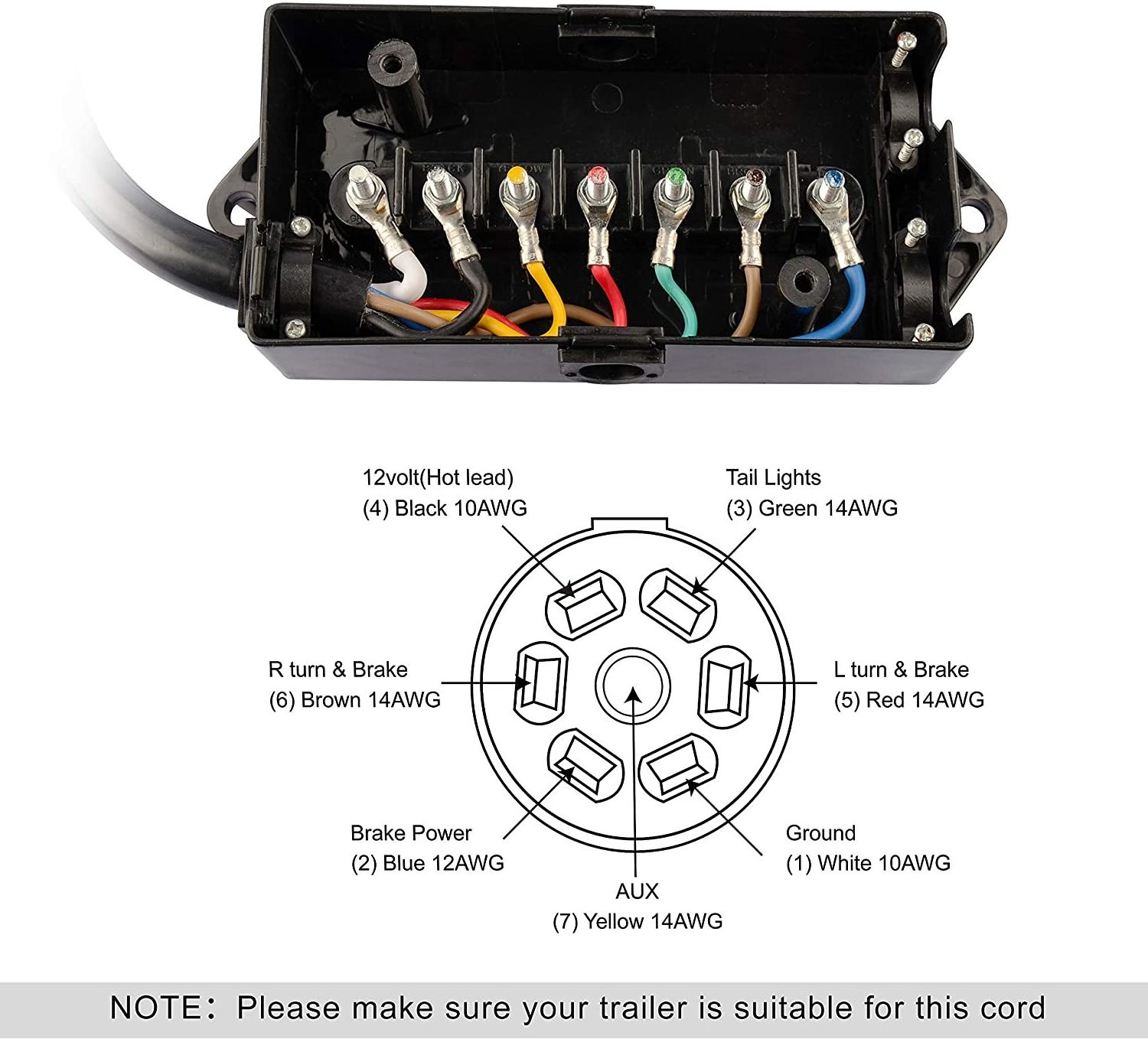 570 7 Way 8 Feet Trailer Cord with 7 Gang Junction Box Kit,Include 12V Breakaway Switch and Plug Holder with Junction Box