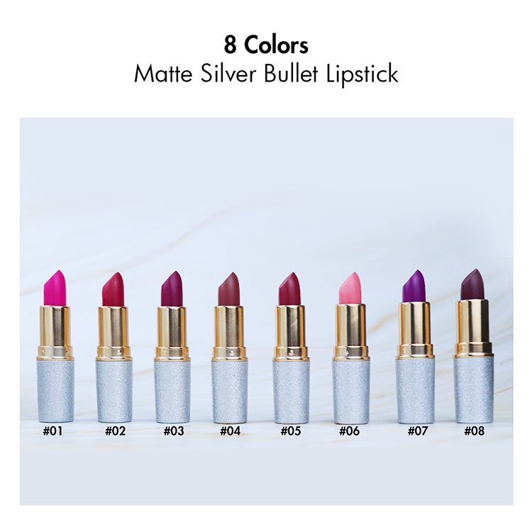 Custom Long Lasting Nude Vegan Pigment Silver Tube Lip Stick Waterproof Batom Private Label  Bullet Matte Solid Lipstick