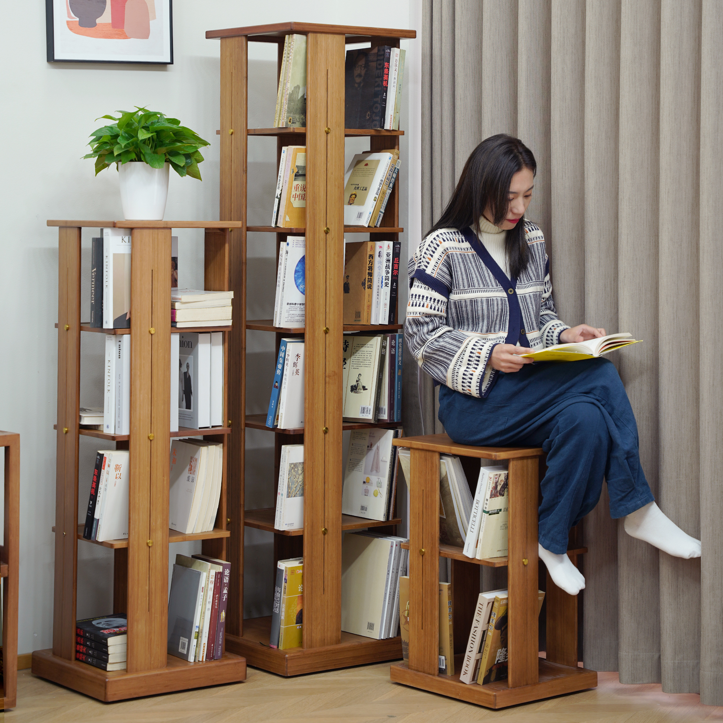 Modern Solid Wood Bookshelf Rubberwood Children Bookshelf Simple Small Rotating Bookcase Living Room Furniture 2-3-3 Tier Round