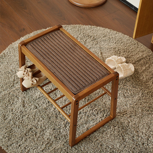 Square Home Living Room Garden Outdoor Natural Rattan Footstool Chair Small Bench Solid Wood Frame Shoes Changing Low Stool