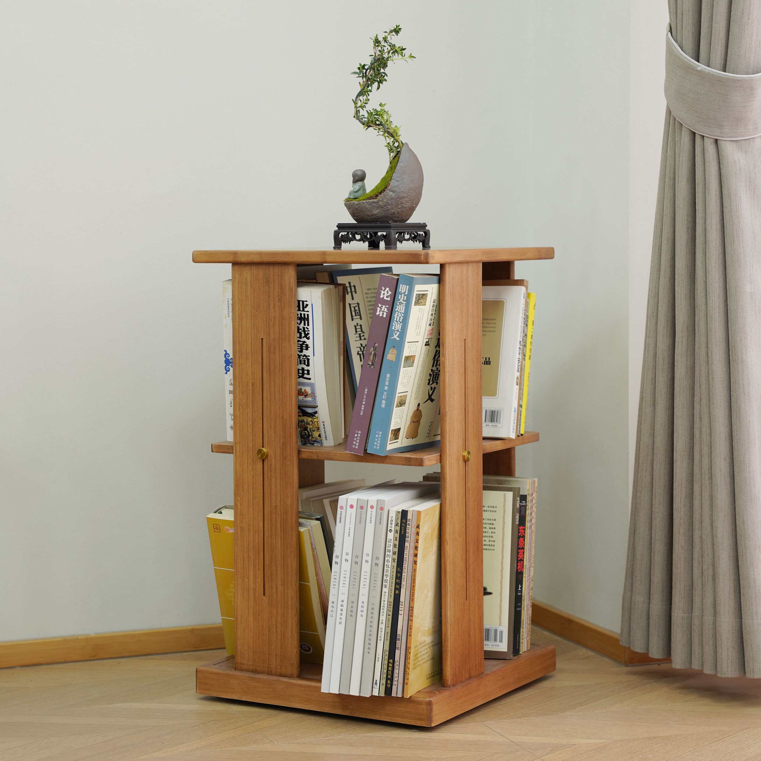 Modern Solid Wood Bookshelf Rubberwood Children Bookshelf Simple Small Rotating Bookcase Living Room Furniture 2-3-3 Tier Round