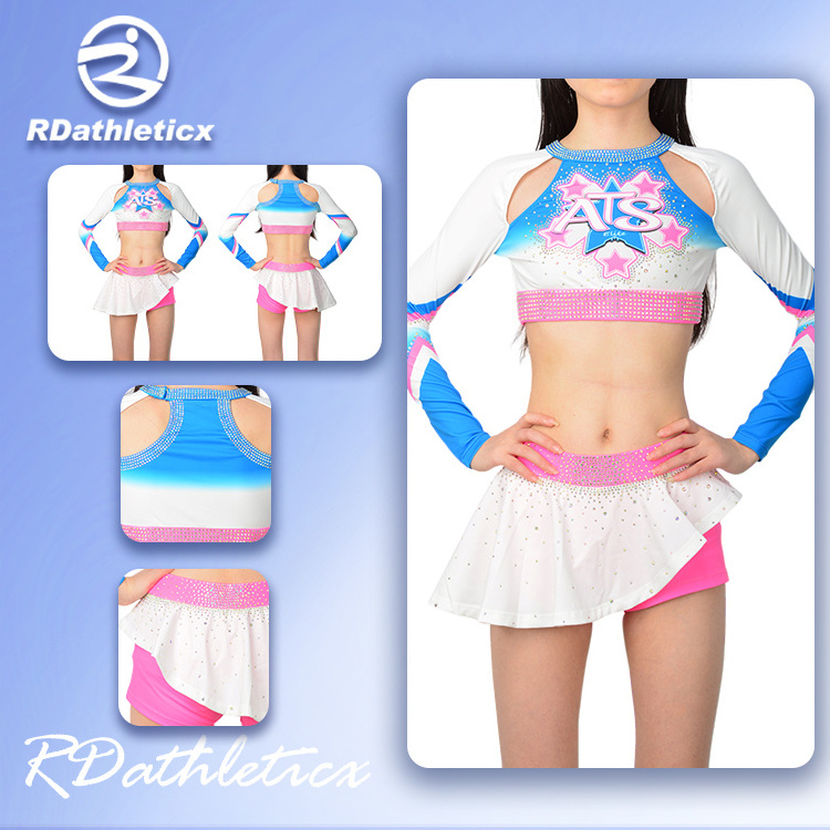 Good Quality School Youth Cheerleading Uniforms Sexy Cheer Practice Wear Long Sleeve Crop Top with Mini Skirt Set