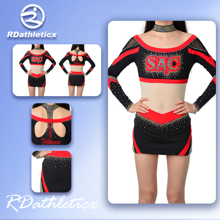 Good Quality School Youth Cheerleading Uniforms Sexy Cheer Practice Wear Long Sleeve Crop Top with Mini Skirt Set