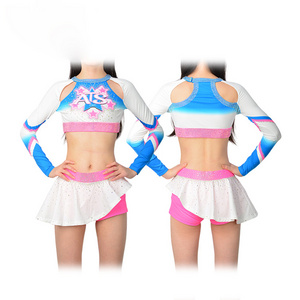 Good Quality School Youth Cheerleading Uniforms Sexy Cheer Practice Wear Long Sleeve Crop Top with Mini Skirt Set