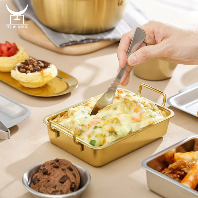 Rectangular Binaural Cheese Baked Rice Plate Stainless Steel, Paella Pan Baking Western Pasta Snack Dish Food Bowl