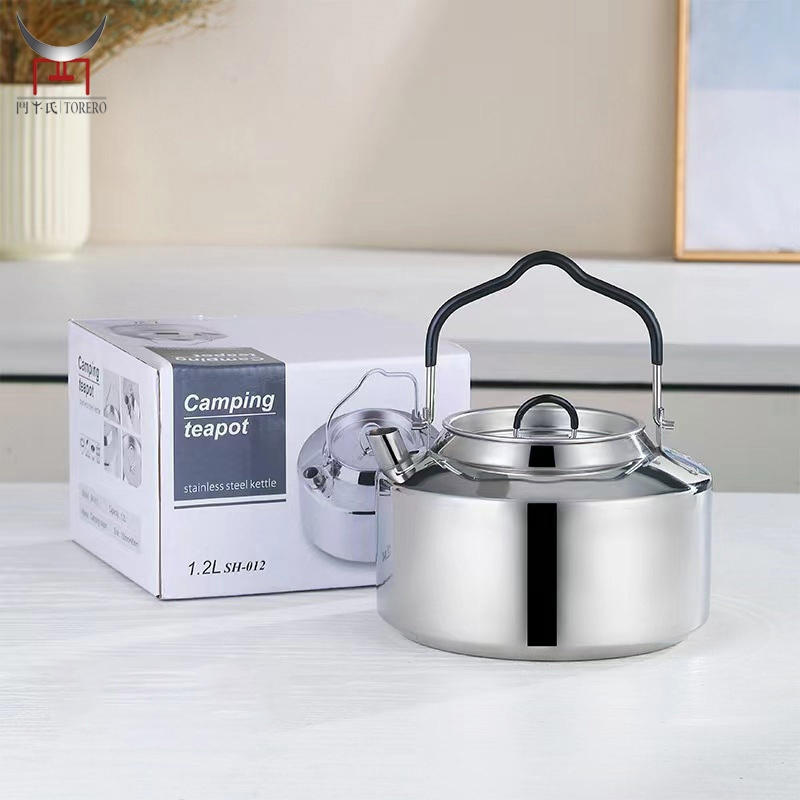 304 Stainless steel outdoor tea kettle portable camping teapot with Anti-scalding handle and lid hiking coffee pot kettle