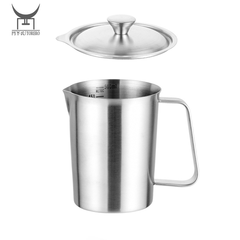 Thick 304 stainless steel measuring cup milk frothing pitcher with lid & handle with scale mark