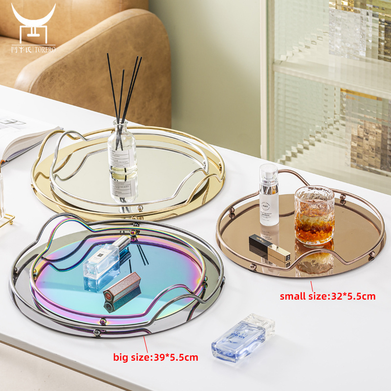 Stainless steel decorative storage luxury vanity tray, perfume & jewelry tray, metal mirror serving tray