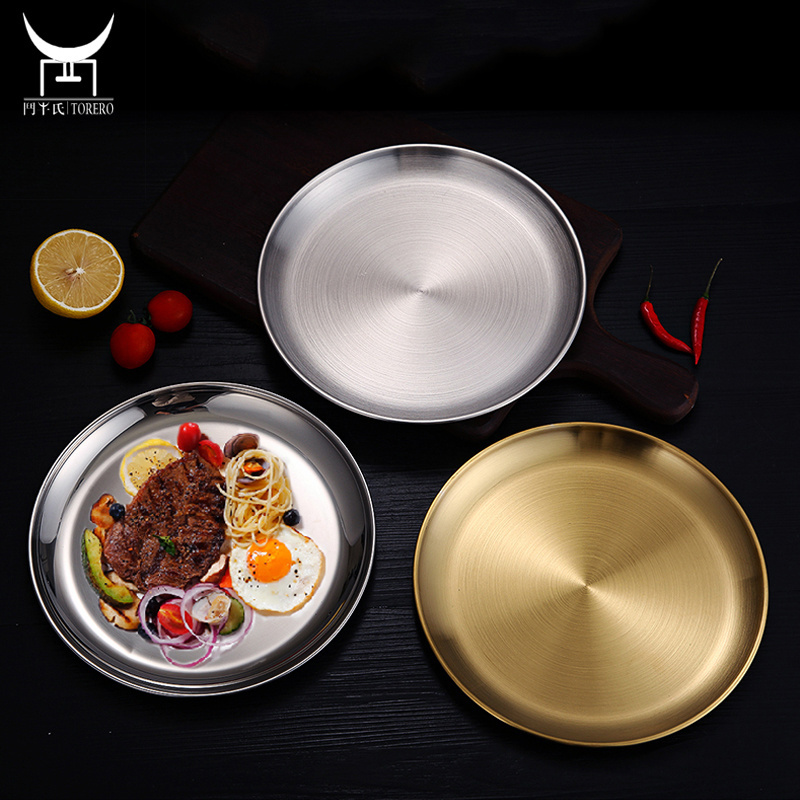 Korean Barbecue Dish Set Stainless Steel, Metal Round Serving Tray Salad Plate Flat Shallow Tray Pizza Cake Tray