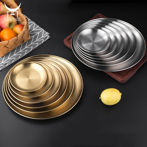 Korean Barbecue Dish Set Stainless Steel, Metal Round Serving Tray Salad Plate Flat Shallow Tray Pizza Cake Tray