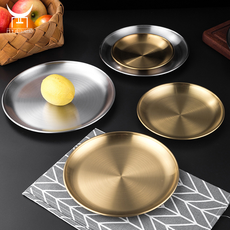 Korean Barbecue Dish Set Stainless Steel, Metal Round Serving Tray Salad Plate Flat Shallow Tray Pizza Cake Tray