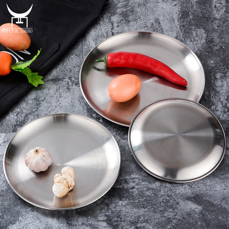 Korean Barbecue Dish Set Stainless Steel, Metal Round Serving Tray Salad Plate Flat Shallow Tray Pizza Cake Tray