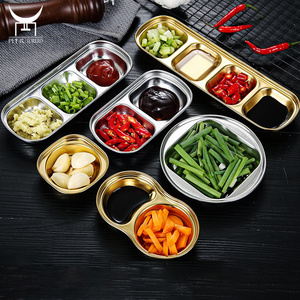 Multiple sizes korean food store cooking soy seasoning dish set, stainless steel small dishes flavor multi grid sauce plate