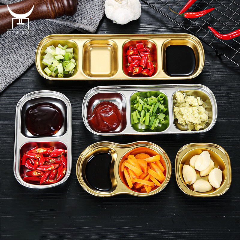 Multiple sizes korean food store cooking soy seasoning dish set, stainless steel small dishes flavor multi grid sauce plate