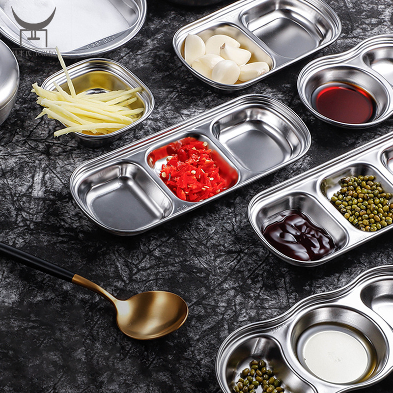 Multiple sizes korean food store cooking soy seasoning dish set, stainless steel small dishes flavor multi grid sauce plate