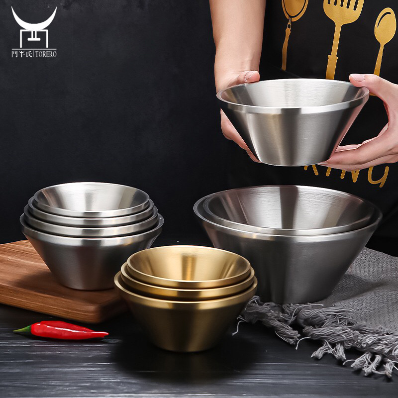 Luxury gold metal fruit noodle bowl set double 304 stainless steel lunch food salad bowls