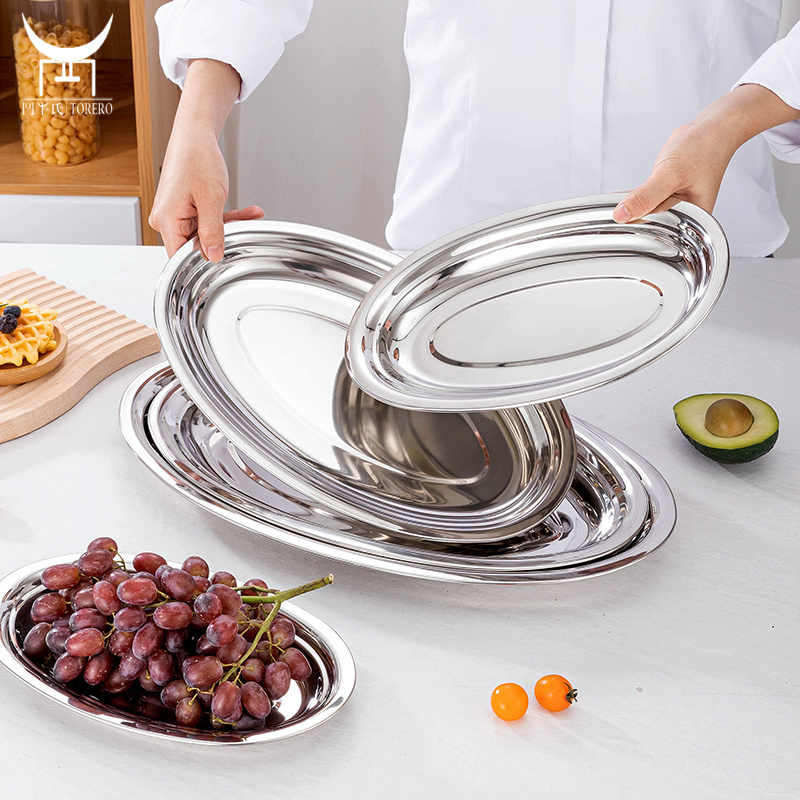 Chinese restaurant food serving tray cooking fish plate fruit plate tray stainless steel oval silver dinner plate