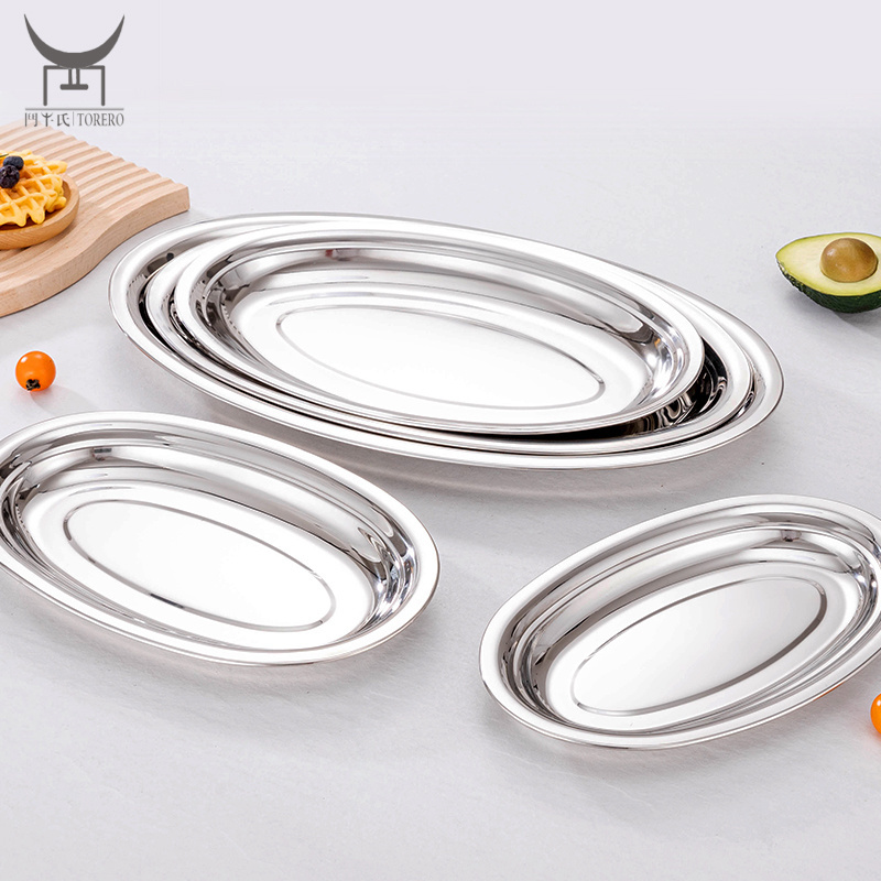 Chinese restaurant food serving tray cooking fish plate fruit plate tray stainless steel oval silver dinner plate