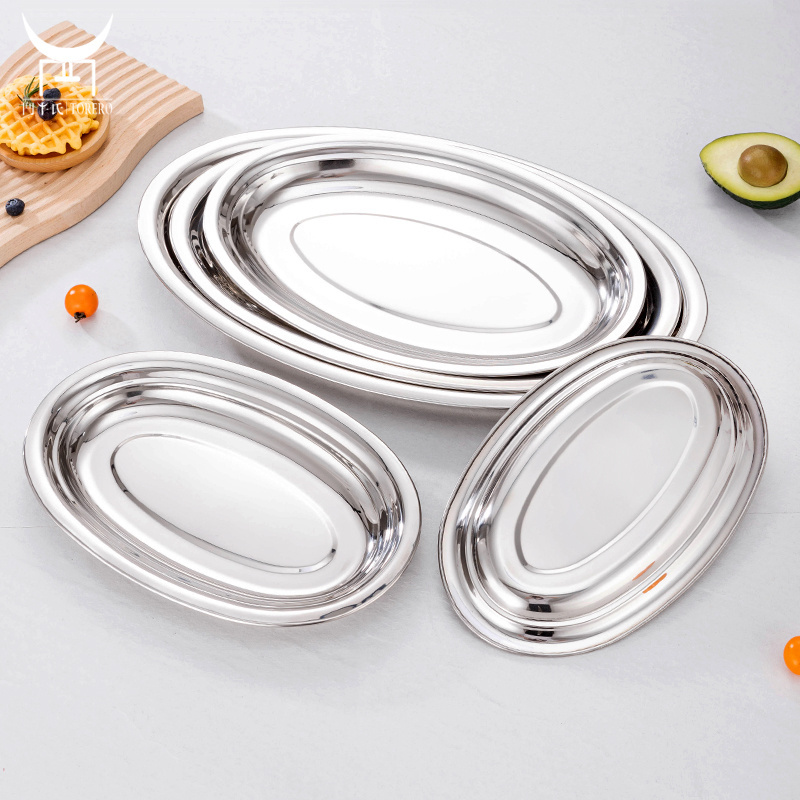 Chinese restaurant food serving tray cooking fish plate fruit plate tray stainless steel oval silver dinner plate