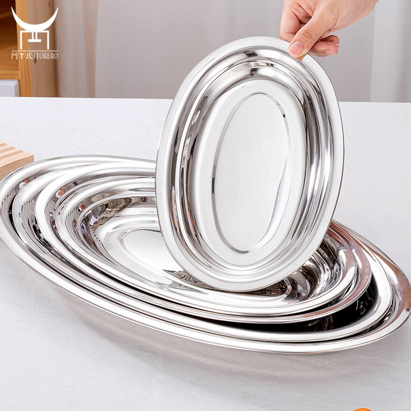 Chinese restaurant food serving tray cooking fish plate fruit plate tray stainless steel oval silver dinner plate