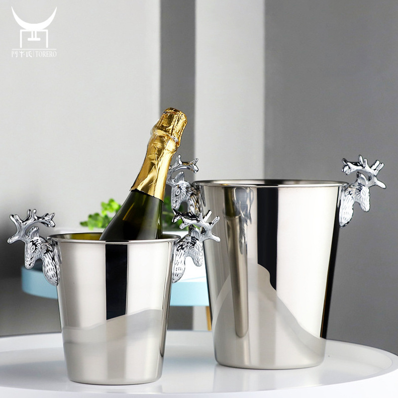 Party KTV Bar Barware Wine and Beverage Cooler with Antler Handle Stainless Steel Ice Bucket for Beer/Champagne