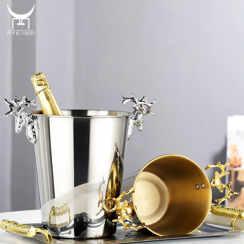 Party KTV Bar Barware Wine and Beverage Cooler with Antler Handle Stainless Steel Ice Bucket for Beer/Champagne