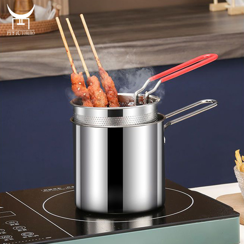 304 Stainless steel deep fryer pot with frying basket set pasta strainer basket for french fries mini cooking tempura pot