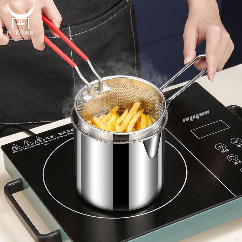 304 Stainless steel deep fryer pot with frying basket set pasta strainer basket for french fries mini cooking tempura pot